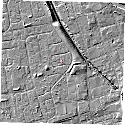 Shaded relief map of the ground around HU20AN, computed from Environment Agency LiDAR. The ground here sits at about 2 m above sea level and falls 11 m across the surrounding 800 m. Surface water reaching this point runs off ground lying to the east, 2.3 m higher.