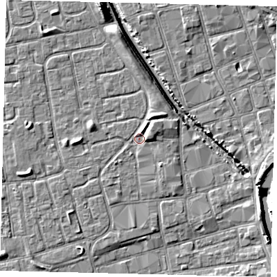 Shaded relief map of the ground around HU20AQ, computed from Environment Agency LiDAR. The ground here sits at about 2 m above sea level and falls 10 m across the surrounding 800 m. Surface water reaching this point runs off ground lying to the north-east, 2.2 m higher.