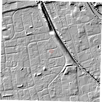 Shaded relief map of the ground around HU20AT, computed from Environment Agency LiDAR. The ground here sits at about 2 m above sea level and falls 13 m across the surrounding 800 m. Surface water reaching this point runs off ground lying to the north-east, 2.7 m higher.