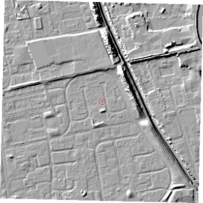 Shaded relief map of the ground around HU20BA, computed from Environment Agency LiDAR. The ground here sits at about 2 m above sea level and falls 11 m across the surrounding 800 m. Surface water reaching this point runs off ground lying to the east, 6.8 m higher.