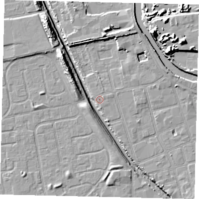 Shaded relief map of the ground around HU20BW, computed from Environment Agency LiDAR. The ground here sits at about 3 m above sea level and falls 15 m across the surrounding 800 m. The ground contributing surface water to this point lies to the east-north-east.