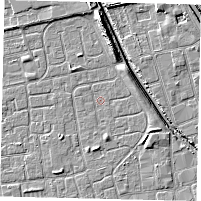 Shaded relief map of the ground around HU20DG, computed from Environment Agency LiDAR. The ground here sits at about 2 m above sea level and falls 11 m across the surrounding 800 m. Surface water reaching this point runs off ground lying to the east-north-east, 3.0 m higher.