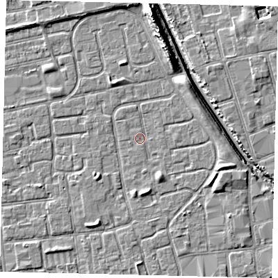 Shaded relief map of the ground around HU20DH, computed from Environment Agency LiDAR. The ground here sits at about 2 m above sea level and falls 11 m across the surrounding 800 m. Surface water reaching this point runs off ground lying to the east-south-east, 2.5 m higher.