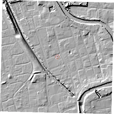 Shaded relief map of the ground around HU20DJ, computed from Environment Agency LiDAR. The ground here sits at about 2 m above sea level and falls 13 m across the surrounding 800 m. Surface water reaching this point runs off ground lying to the south-west, 0.8 m higher.