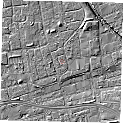 Shaded relief map of the ground around HU20DU, computed from Environment Agency LiDAR. The ground here sits at about 3 m above sea level and falls 6 m across the surrounding 800 m. The ground contributing surface water to this point lies to the north.