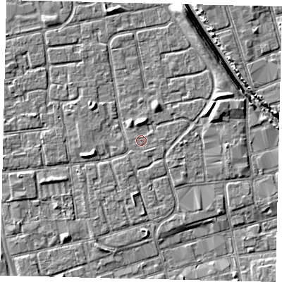 Shaded relief map of the ground around HU20DY, computed from Environment Agency LiDAR. The ground here sits at about 2 m above sea level and falls 6 m across the surrounding 800 m. The ground contributing surface water to this point lies to the east-south-east.