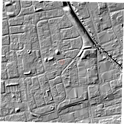 Shaded relief map of the ground around HU20DZ, computed from Environment Agency LiDAR. The ground here sits at about 2 m above sea level and falls 7 m across the surrounding 800 m. Surface water reaching this point runs off ground lying to the west-north-west, 1.7 m higher.
