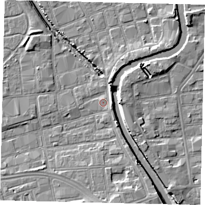 Shaded relief map of the ground around HU20HB, computed from Environment Agency LiDAR. The ground here sits at about 3 m above sea level and falls 7 m across the surrounding 800 m. Surface water reaching this point runs off ground lying to the east-south-east, 1.9 m higher.