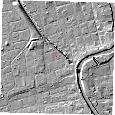 Shaded relief map of the ground around HU20HE, computed from Environment Agency LiDAR. The ground here sits at about 2 m above sea level and falls 7 m across the surrounding 800 m. Surface water reaching this point runs off ground lying to the west-north-west, 2.6 m higher.