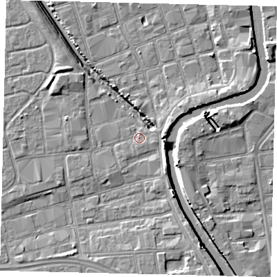 Shaded relief map of the ground around HU20HG, computed from Environment Agency LiDAR. The ground here sits at about 3 m above sea level and falls 7 m across the surrounding 800 m. Surface water reaching this point runs off ground lying to the south-east, 3.4 m higher.