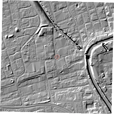 Shaded relief map of the ground around HU20HH, computed from Environment Agency LiDAR. The ground here sits at about 2 m above sea level and falls 7 m across the surrounding 800 m. Surface water reaching this point runs off ground lying to the west, 1.1 m higher.