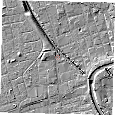 Shaded relief map of the ground around HU20HN, computed from Environment Agency LiDAR. The ground here sits at about 2 m above sea level and falls 10 m across the surrounding 800 m. Surface water reaching this point runs off ground lying to the west, 1.9 m higher.