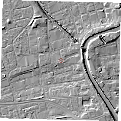 Shaded relief map of the ground around HU20HR, computed from Environment Agency LiDAR. The ground here sits at about 3 m above sea level and falls 8 m across the surrounding 800 m. The ground contributing surface water to this point lies to the south-west.