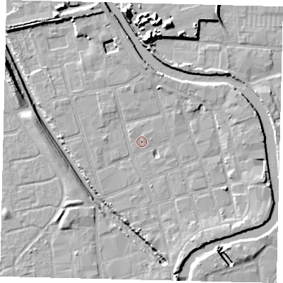 Shaded relief map of the ground around HU20HS, computed from Environment Agency LiDAR. The ground here sits at about 2 m above sea level and falls 15 m across the surrounding 800 m. Surface water reaching this point runs off ground lying to the north, 1.9 m higher.