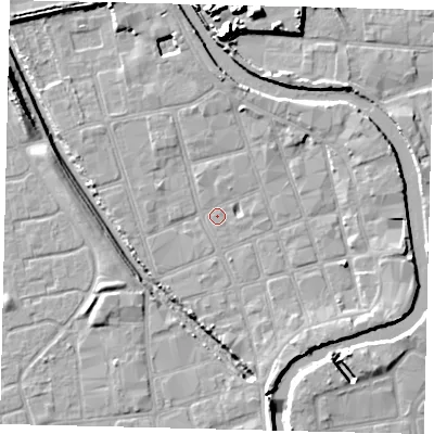 Shaded relief map of the ground around HU20HX, computed from Environment Agency LiDAR. The ground here sits at about 2 m above sea level and falls 13 m across the surrounding 800 m. Surface water reaching this point runs off ground lying to the east, 4.3 m higher.