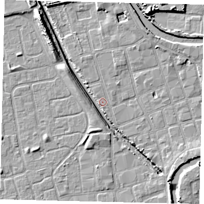 Shaded relief map of the ground around HU20HY, computed from Environment Agency LiDAR. The ground here sits at about 2 m above sea level and falls 13 m across the surrounding 800 m. Surface water reaching this point runs off ground lying to the south-east, 6.2 m higher.