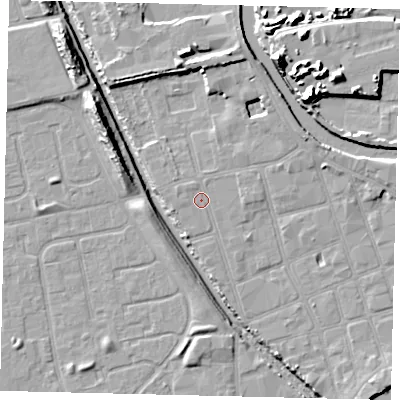 Shaded relief map of the ground around HU20JB, computed from Environment Agency LiDAR. The ground here sits at about 3 m above sea level and falls 15 m across the surrounding 800 m. Surface water reaching this point runs off ground lying to the east, 0.9 m higher.