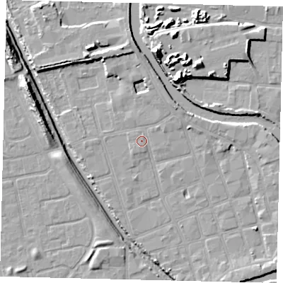 Shaded relief map of the ground around HU20LA, computed from Environment Agency LiDAR. The ground here sits at about 3 m above sea level and falls 15 m across the surrounding 800 m. Surface water reaching this point runs off ground lying to the south-west, 0.6 m higher.
