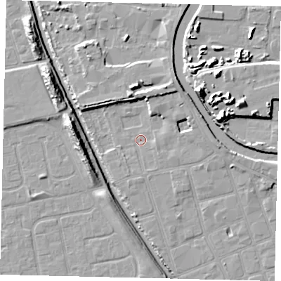 Shaded relief map of the ground around HU20LB, computed from Environment Agency LiDAR. The ground here sits at about 2 m above sea level and falls 14 m across the surrounding 800 m. Surface water reaching this point runs off ground lying to the north-north-east, 5.6 m higher.