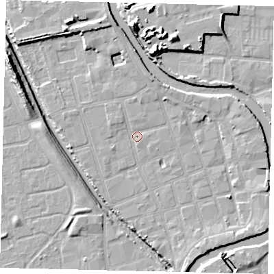 Shaded relief map of the ground around HU20LF, computed from Environment Agency LiDAR. The ground here sits at about 2 m above sea level and falls 15 m across the surrounding 800 m. Surface water reaching this point runs off ground lying to the north, 1.9 m higher.