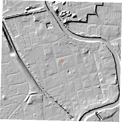 Shaded relief map of the ground around HU20LG, computed from Environment Agency LiDAR. The ground here sits at about 3 m above sea level and falls 15 m across the surrounding 800 m. Surface water reaching this point runs off ground lying to the north, 1.9 m higher.