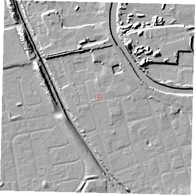Shaded relief map of the ground around HU20LH, computed from Environment Agency LiDAR. The ground here sits at about 2 m above sea level and falls 15 m across the surrounding 800 m. Surface water reaching this point runs off ground lying to the east-north-east, 2.6 m higher.