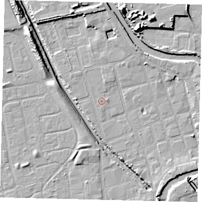 Shaded relief map of the ground around HU20LN, computed from Environment Agency LiDAR. The ground here sits at about 3 m above sea level and falls 15 m across the surrounding 800 m. The ground contributing surface water to this point lies to the west.