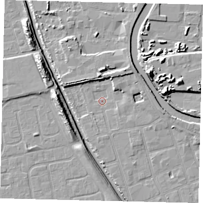 Shaded relief map of the ground around HU20LR, computed from Environment Agency LiDAR. The ground here sits at about 2 m above sea level and falls 14 m across the surrounding 800 m. Surface water reaching this point runs off ground lying to the north-east, 5.6 m higher.