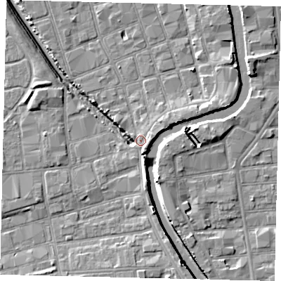 Shaded relief map of the ground around HU20PA, computed from Environment Agency LiDAR. The ground here sits at about 3 m above sea level and falls 7 m across the surrounding 800 m. Surface water reaching this point runs off ground lying to the east, 2.3 m higher.