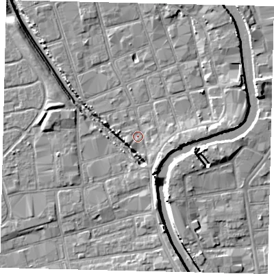 Shaded relief map of the ground around HU20PB, computed from Environment Agency LiDAR. The ground here sits at about 2 m above sea level and falls 7 m across the surrounding 800 m. Surface water reaching this point runs off ground lying to the south-east, 2.7 m higher.