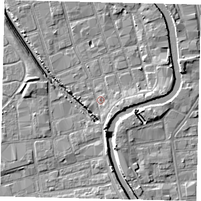 Shaded relief map of the ground around HU20PE, computed from Environment Agency LiDAR. The ground here sits at about 3 m above sea level and falls 7 m across the surrounding 800 m. Surface water reaching this point runs off ground lying to the south-south-east, 2.7 m higher.