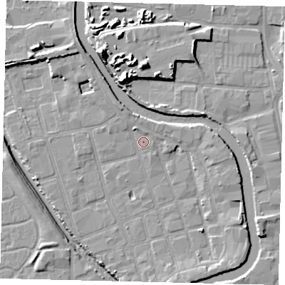 Shaded relief map of the ground around HU20PP, computed from Environment Agency LiDAR. The ground here sits at about 3 m above sea level and falls 15 m across the surrounding 800 m. Surface water reaching this point runs off ground lying to the north-north-west, 2.1 m higher.