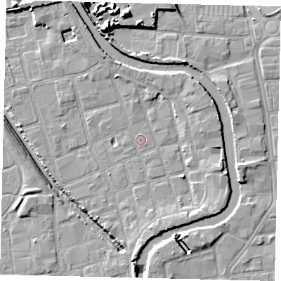Shaded relief map of the ground around HU20PS, computed from Environment Agency LiDAR. The ground here sits at about 2 m above sea level and falls 14 m across the surrounding 800 m. Surface water reaching this point runs off ground lying to the north-north-west, 2.4 m higher.