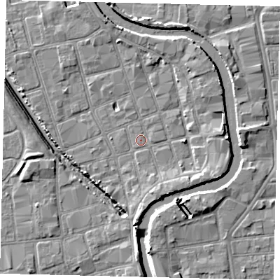 Shaded relief map of the ground around HU20PU, computed from Environment Agency LiDAR. The ground here sits at about 2 m above sea level and falls 7 m across the surrounding 800 m. Surface water reaching this point runs off ground lying to the east, 3.6 m higher.