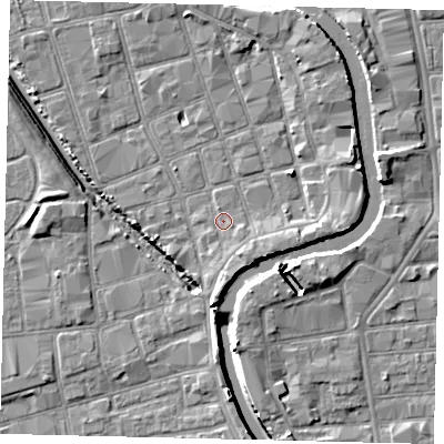 Shaded relief map of the ground around HU20PY, computed from Environment Agency LiDAR. The ground here sits at about 3 m above sea level and falls 7 m across the surrounding 800 m. Surface water reaching this point runs off ground lying to the south-south-east, 2.2 m higher.