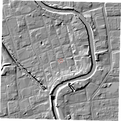 Shaded relief map of the ground around HU20QB, computed from Environment Agency LiDAR. The ground here sits at about 2 m above sea level and falls 7 m across the surrounding 800 m. Surface water reaching this point runs off ground lying to the east-north-east, 3.6 m higher.