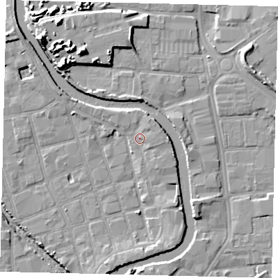 Shaded relief map of the ground around HU20QE, computed from Environment Agency LiDAR. The ground here sits at about 4 m above sea level and falls 15 m across the surrounding 800 m. Surface water reaching this point runs off ground lying to the east-south-east, 1.5 m higher.