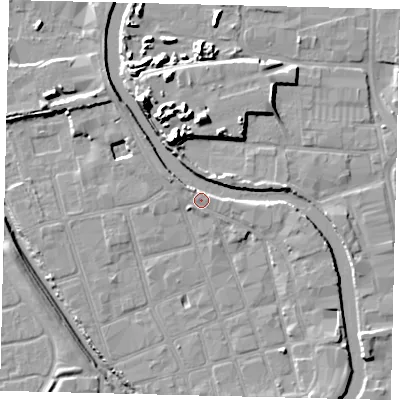 Shaded relief map of the ground around HU20QL, computed from Environment Agency LiDAR. The ground here sits at about 4 m above sea level and falls 15 m across the surrounding 800 m. Surface water reaching this point runs off ground lying to the north-east, 3.8 m higher.