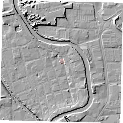 Shaded relief map of the ground around HU20QX, computed from Environment Agency LiDAR. The ground here sits at about 3 m above sea level and falls 15 m across the surrounding 800 m. Surface water reaching this point runs off ground lying to the east-north-east, 2.6 m higher.