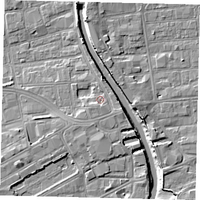 Shaded relief map of the ground around HU28AA, computed from Environment Agency LiDAR. The ground here sits at about 4 m above sea level and falls 8 m across the surrounding 800 m. Surface water reaching this point runs off ground lying to the south-south-east, 1.7 m higher.