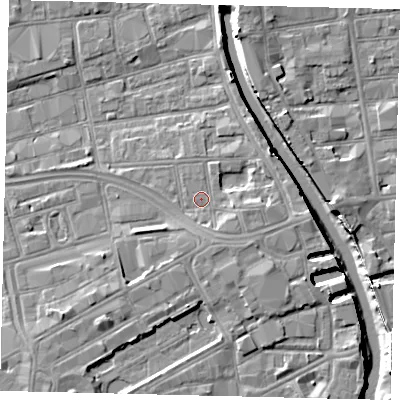 Shaded relief map of the ground around HU28AE, computed from Environment Agency LiDAR. The ground here sits at about 4 m above sea level and falls 8 m across the surrounding 800 m. Surface water reaching this point runs off ground lying to the east, 1.9 m higher.