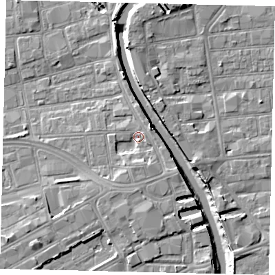 Shaded relief map of the ground around HU28AF, computed from Environment Agency LiDAR. The ground here sits at about 4 m above sea level and falls 8 m across the surrounding 800 m. Surface water reaching this point runs off ground lying to the south-south-east, 2.8 m higher.