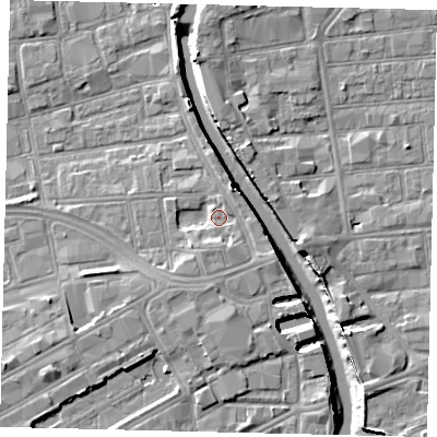 Shaded relief map of the ground around HU28AG, computed from Environment Agency LiDAR. The ground here sits at about 4 m above sea level and falls 8 m across the surrounding 800 m. Surface water reaching this point runs off ground lying to the south-south-east, 2.8 m higher.