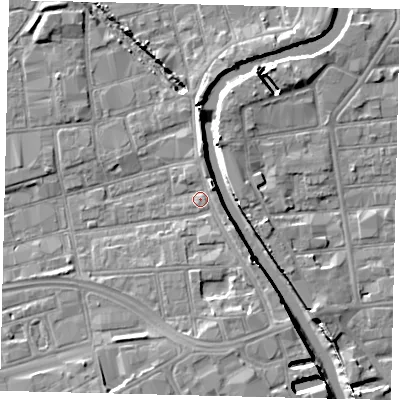 Shaded relief map of the ground around HU28AH, computed from Environment Agency LiDAR. The ground here sits at about 3 m above sea level and falls 8 m across the surrounding 800 m. Surface water reaching this point runs off ground lying to the south-east, 3.7 m higher.