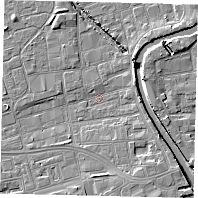 Shaded relief map of the ground around HU28AP, computed from Environment Agency LiDAR. The ground here sits at about 2 m above sea level and falls 8 m across the surrounding 800 m. Surface water reaching this point runs off ground lying to the south-east, 4.5 m higher.