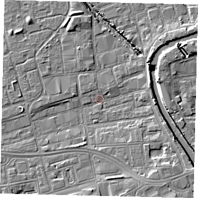 Shaded relief map of the ground around HU28AR, computed from Environment Agency LiDAR. The ground here sits at about 2 m above sea level and falls 7 m across the surrounding 800 m. Surface water reaching this point runs off ground lying to the south-east, 4.5 m higher.
