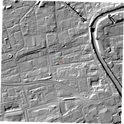 Shaded relief map of the ground around HU28AU, computed from Environment Agency LiDAR. The ground here sits at about 2 m above sea level and falls 7 m across the surrounding 800 m. Surface water reaching this point runs off ground lying to the east-south-east, 4.4 m higher.