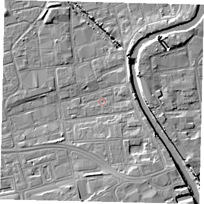 Shaded relief map of the ground around HU28AW, computed from Environment Agency LiDAR. The ground here sits at about 2 m above sea level and falls 8 m across the surrounding 800 m. Surface water reaching this point runs off ground lying to the south-east, 4.3 m higher.