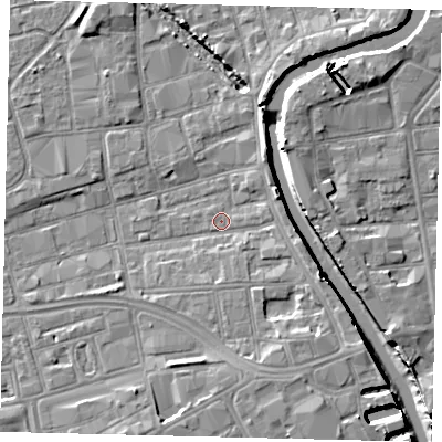 Shaded relief map of the ground around HU28AX, computed from Environment Agency LiDAR. The ground here sits at about 2 m above sea level and falls 8 m across the surrounding 800 m. Surface water reaching this point runs off ground lying to the south-east, 3.6 m higher.