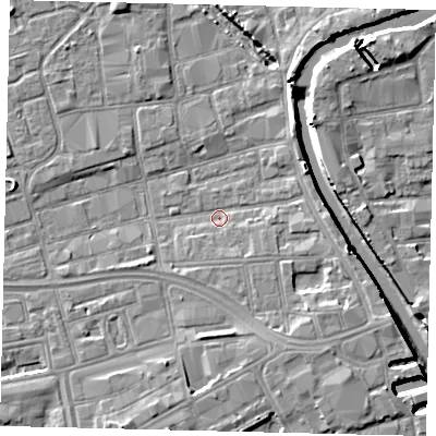 Shaded relief map of the ground around HU28AY, computed from Environment Agency LiDAR. The ground here sits at about 2 m above sea level and falls 8 m across the surrounding 800 m. Surface water reaching this point runs off ground lying to the south-east, 3.9 m higher.